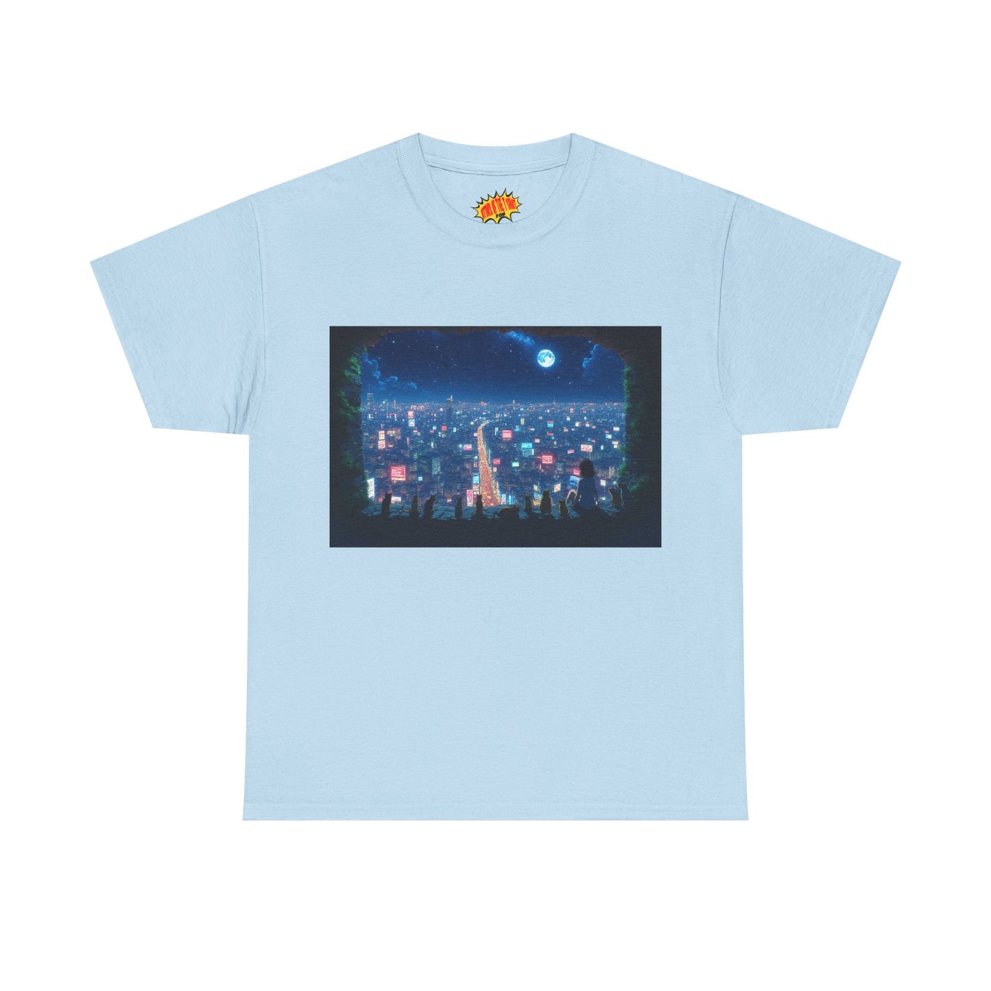 Anime City Neon Night Scene w/Girl & Cats T-Shirt *Multiple Colors*
