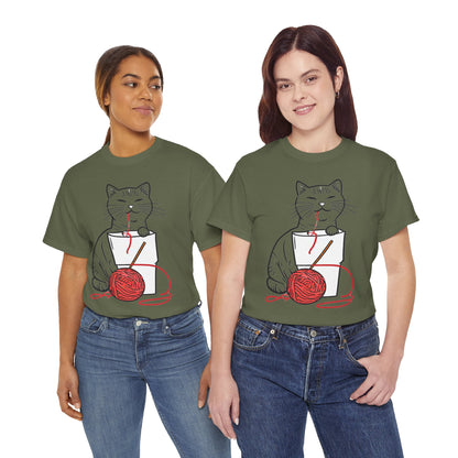 Cat w/Noodle Cup + Yarn Ball Art Drawing Tee Shirt