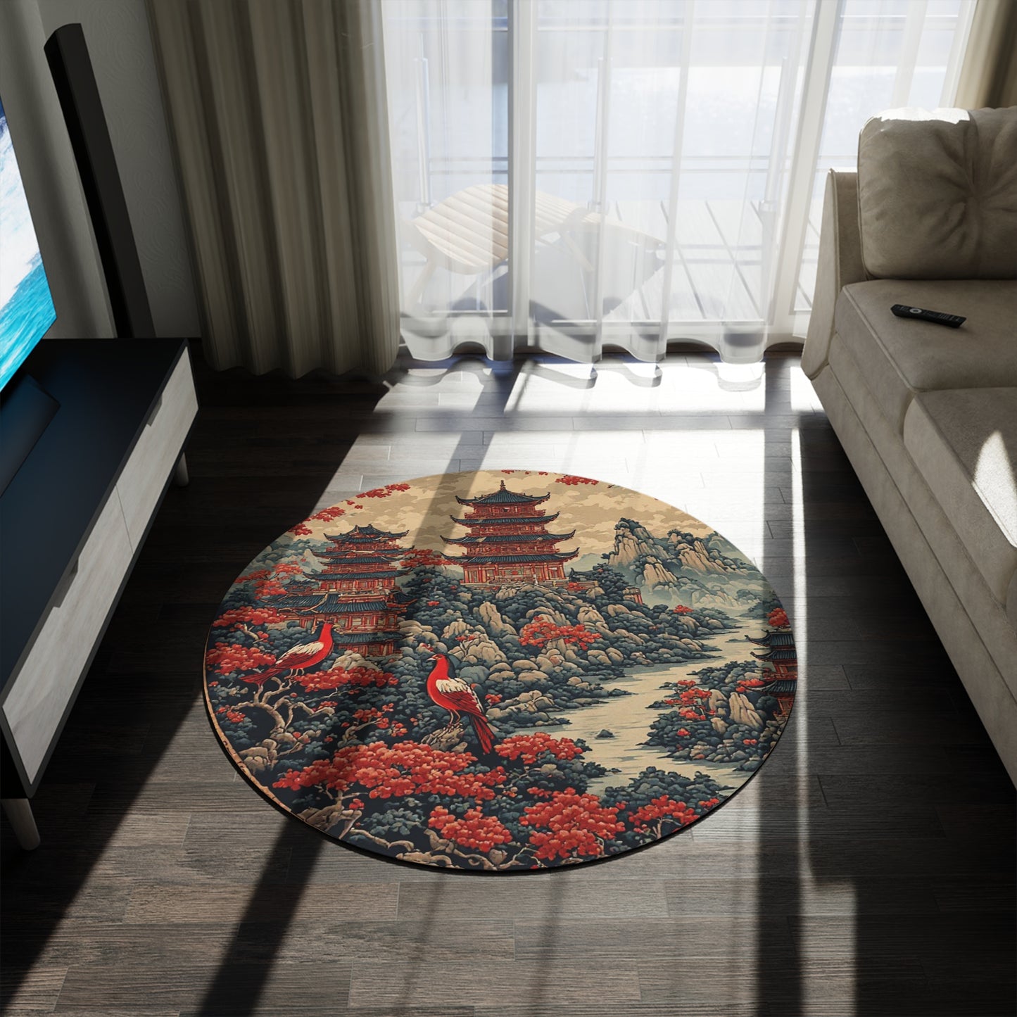 Oriental Style Rug w/Birds + Flowers - 60in Diameter Round Carpet 12