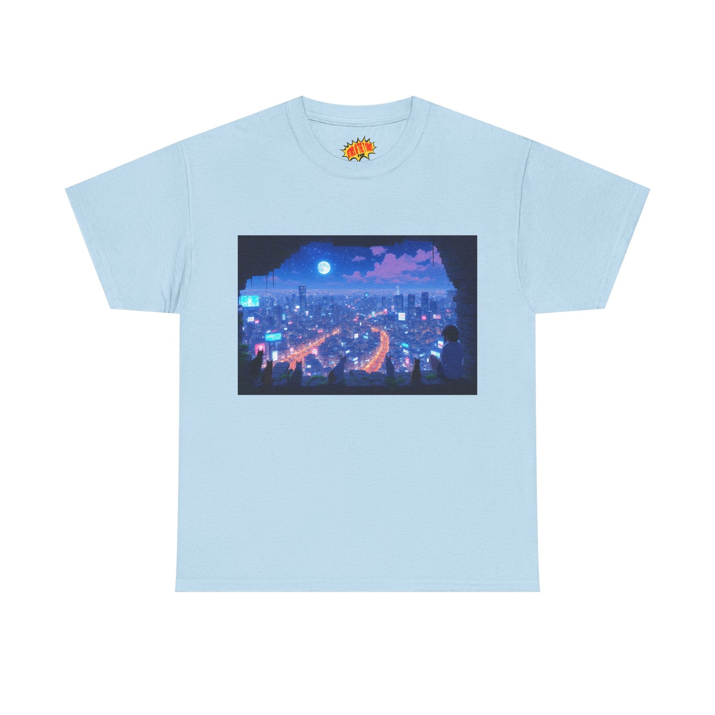 Anime Neon Cityscape Night Scene w/Girl & Cats T-Shirt *Multiple Colors*
