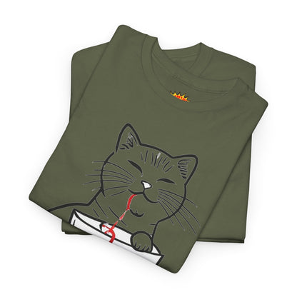 Cat w/Noodle Cup + Yarn Ball Art Drawing Tee Shirt