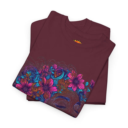 Multicolor Line Drawing Human Flower Graphic Art Tee Shirt
