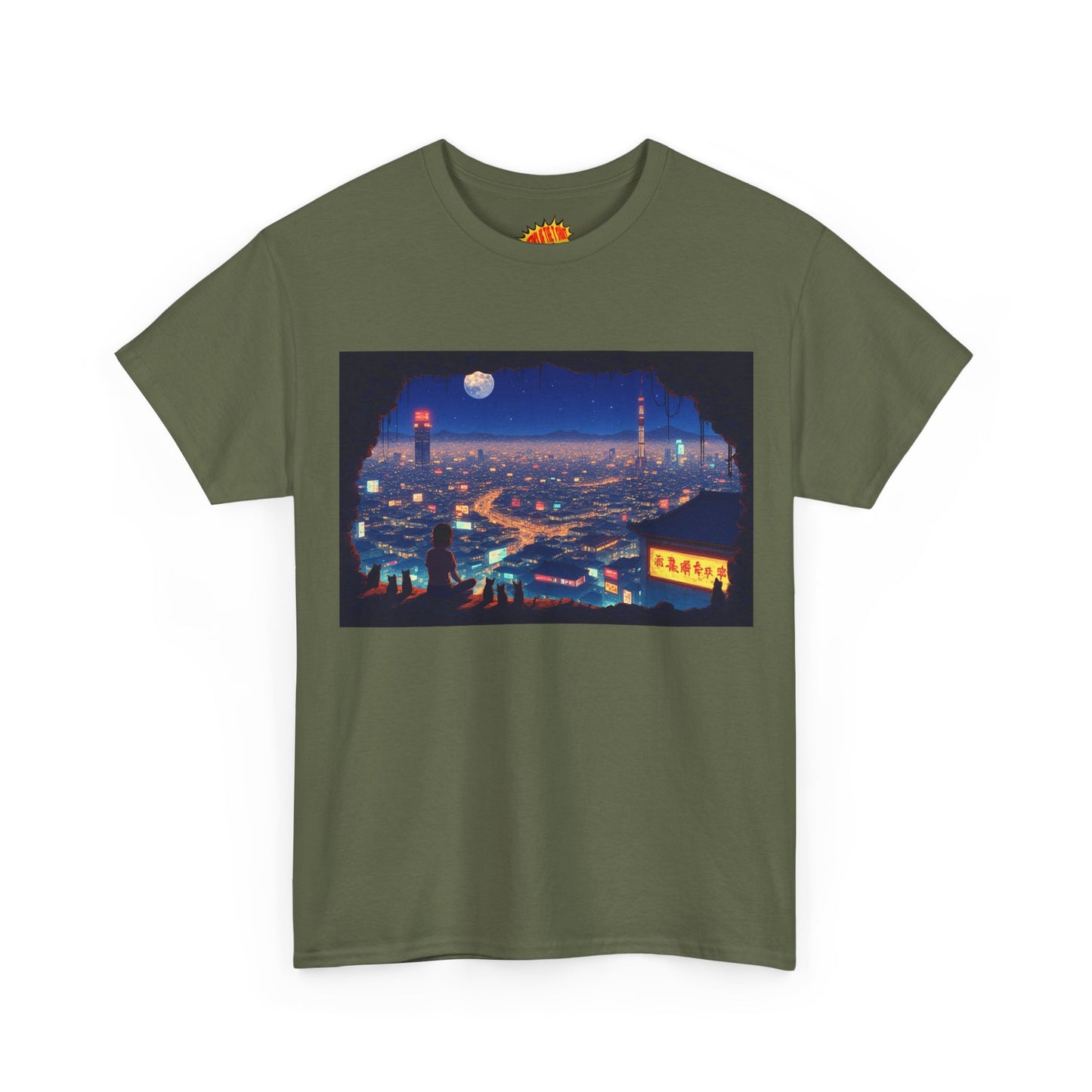 Anime Neon Cityscape Scene w/Girl & Cats T-Shirt *Multiple Colors*