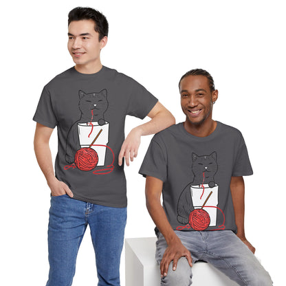 Cat w/Noodle Cup + Yarn Ball Art Drawing Tee Shirt
