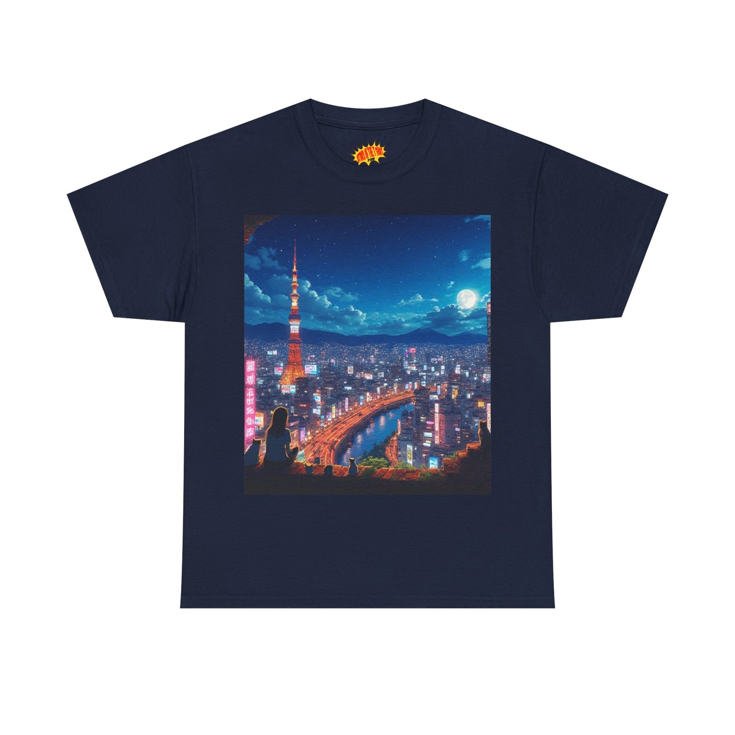 Neon Cityscape Nighttime Anime Scene w/Girl & Cats T-Shirt *Multiple Colors*