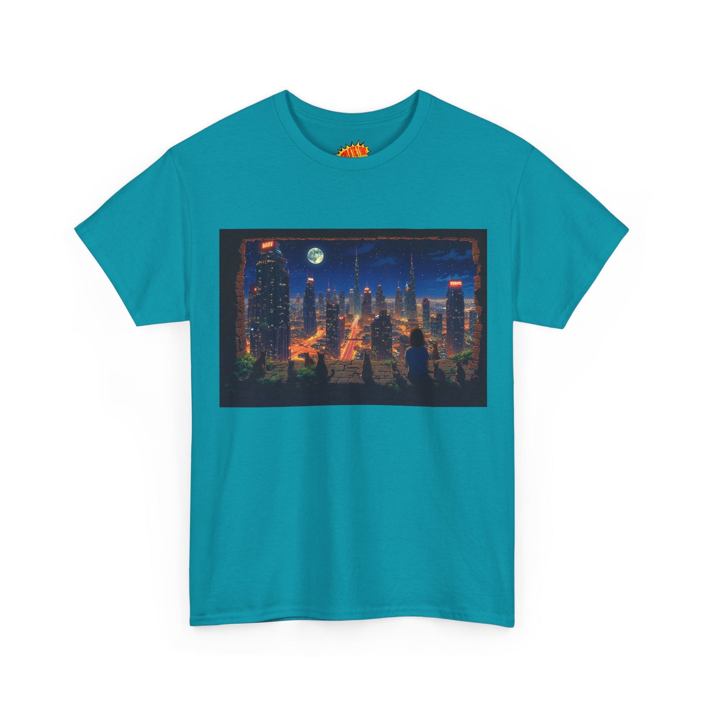 Neon Anime Cityscape Full Moon w/Girl & Cats T-Shirt *Multiple Colors*