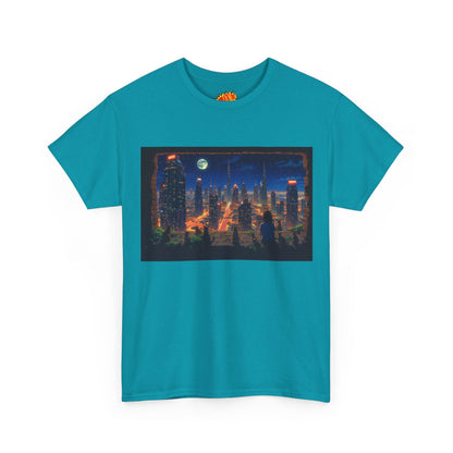 Neon Anime Cityscape Full Moon w/Girl & Cats T-Shirt