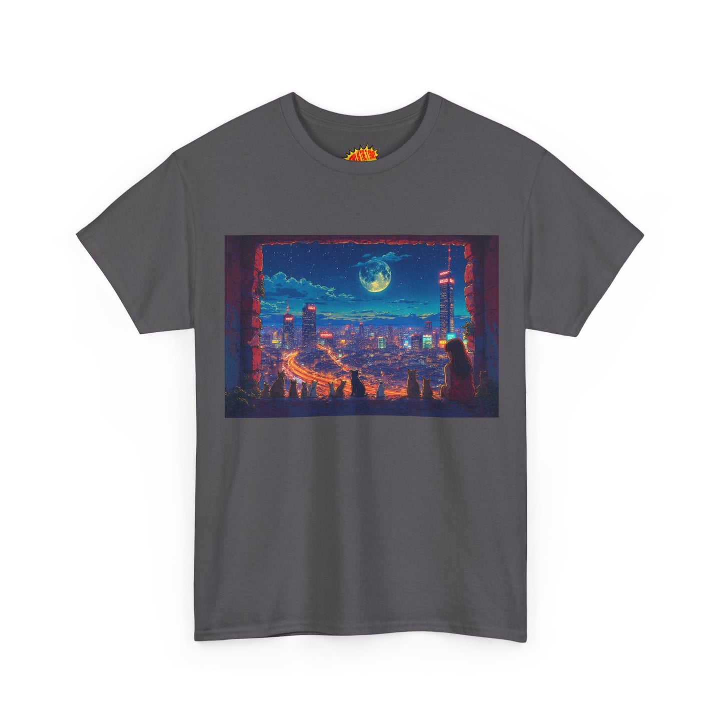 Anime Cityscape Night Scene w/Girl & Cats T-Shirt *Multiple Colors*