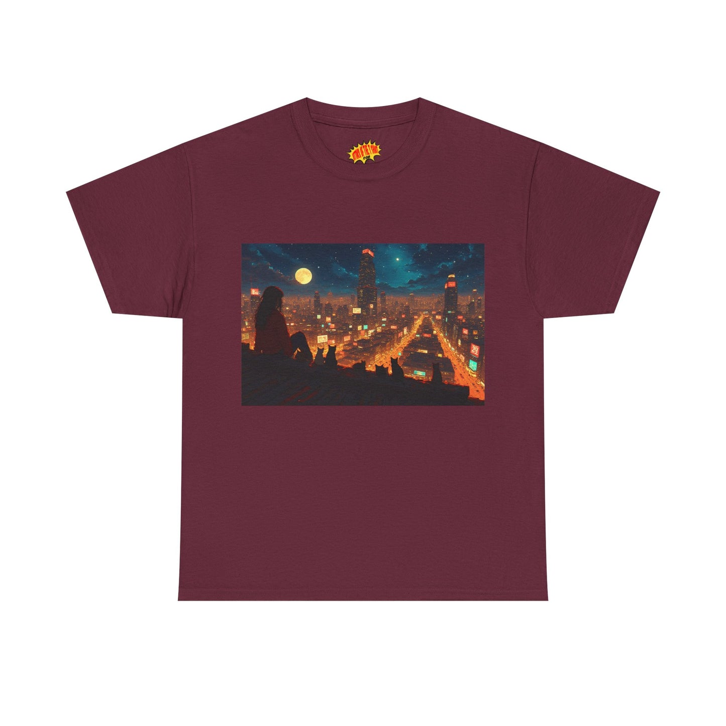 Anime Style Neon City Scene w/Girl & Cats T-Shirt *Multiple Colors*