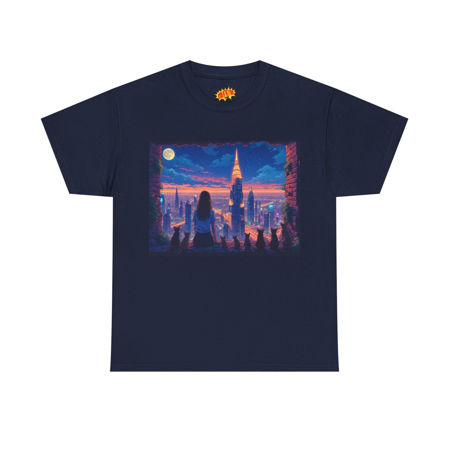 Anime Neon City Full Moon Scene w/Girl & Cats T-Shirt *Multiple Colors*