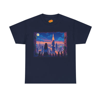 Anime Neon City Full Moon Scene w/Girl & Cats T-Shirt