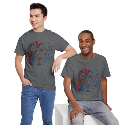 Multicolor Line Drawing Human Graphic Flower Art Tee Shirt