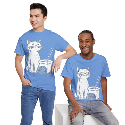 Happy Cat w/Noodles + Yarn Ball Art Drawing Tee Shirt