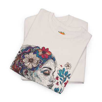 Multicolor Line Drawing Human Graphic Flower Art Tee Shirt