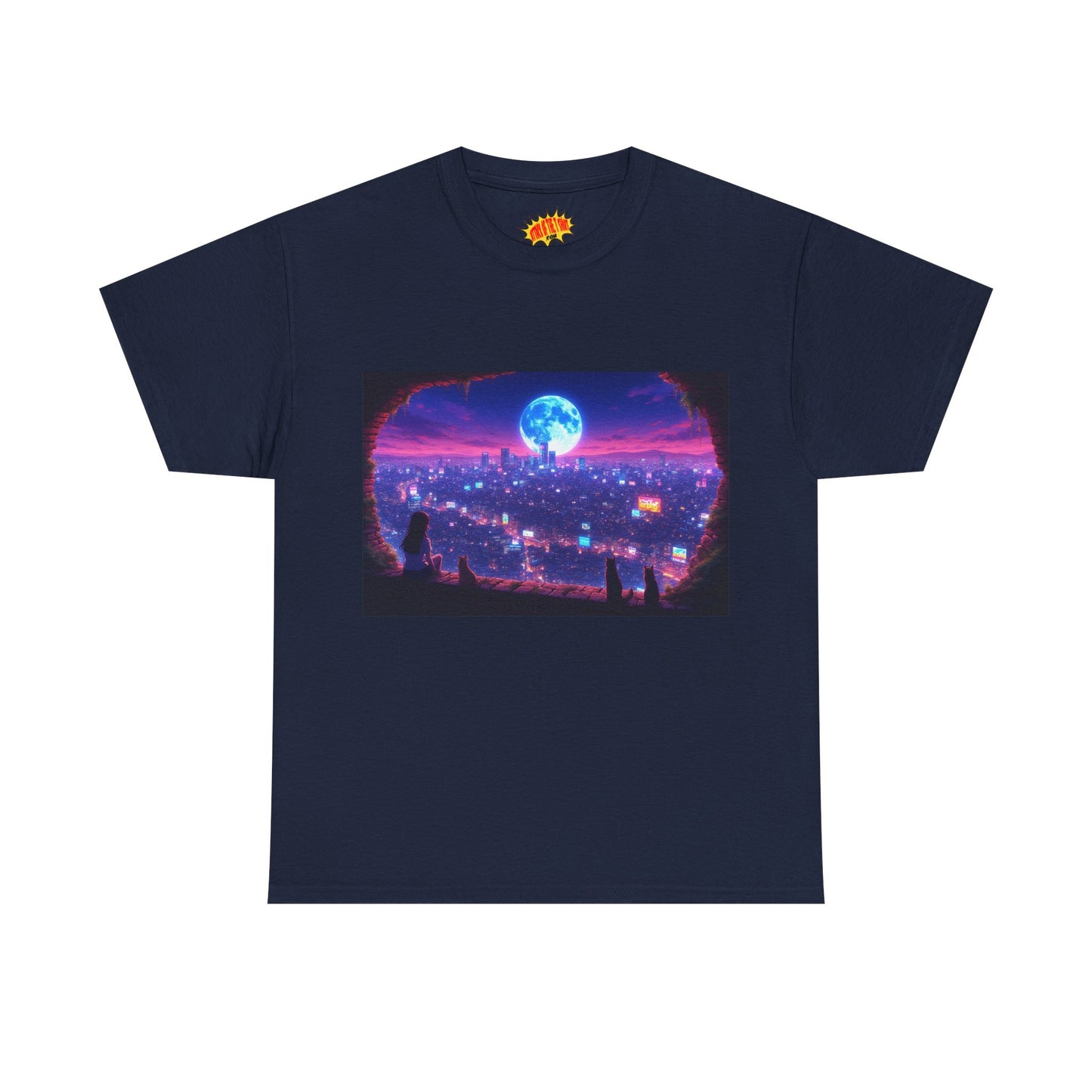 Neon Anime Cityscape Full Moon Scene w/Girl & Cats T-Shirt *Multiple Colors*