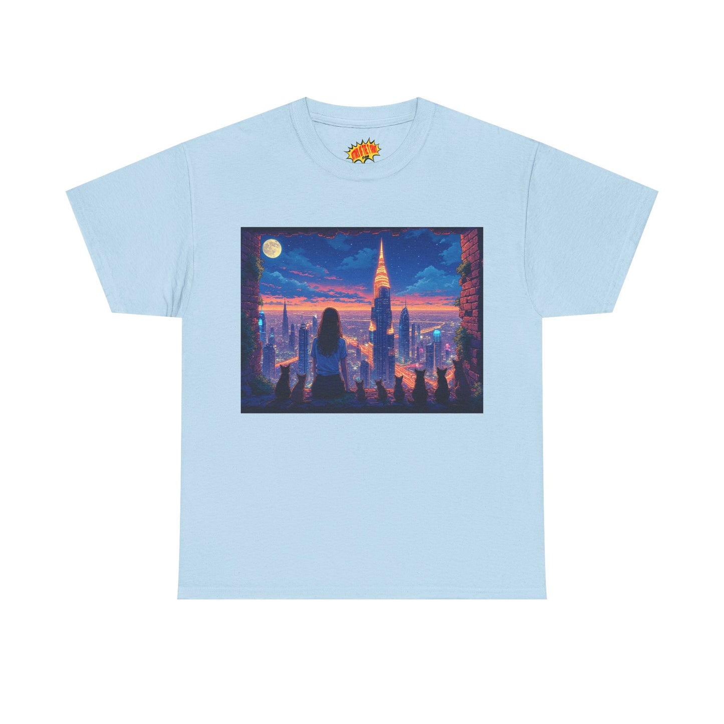Anime Neon City Full Moon Scene w/Girl & Cats T-Shirt *Multiple Colors*