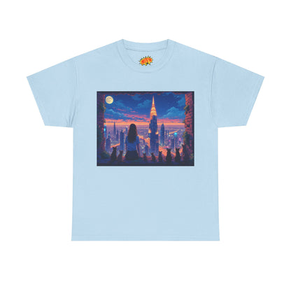 Anime Neon City Full Moon Scene w/Girl & Cats T-Shirt