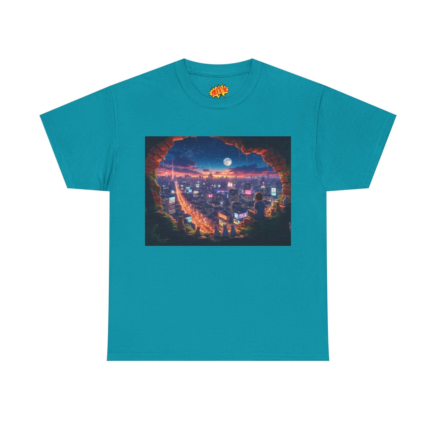 Anime Neon City Nighttime Scene w/Girl & Cats T-Shirt *Multiple Colors*