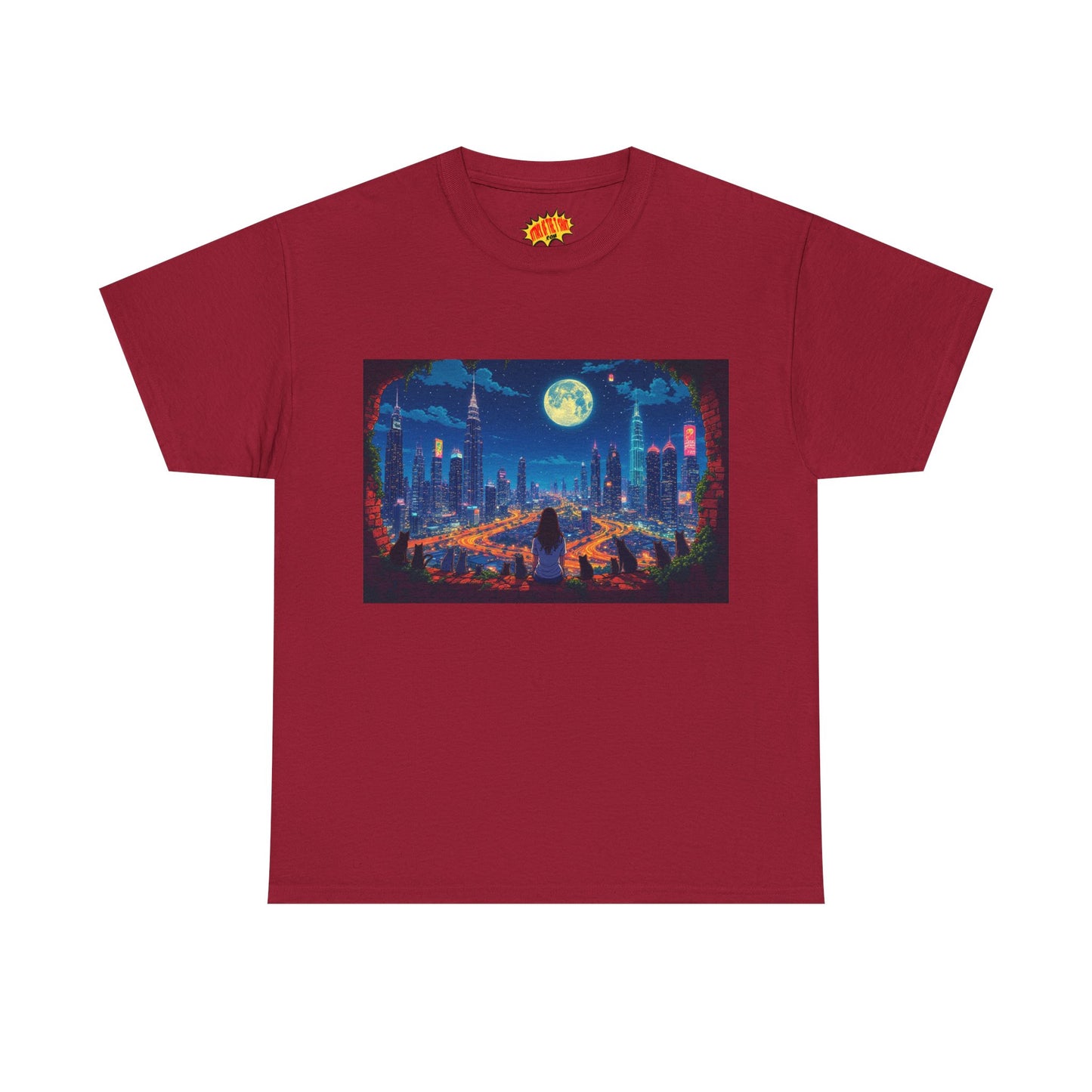 Anime City Night Scene w/Girl & Cats T-Shirt *Multiple Colors*