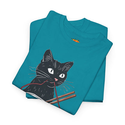 Black Cat w/Noodles + Yarn Ball Art Drawing Tee Shirt