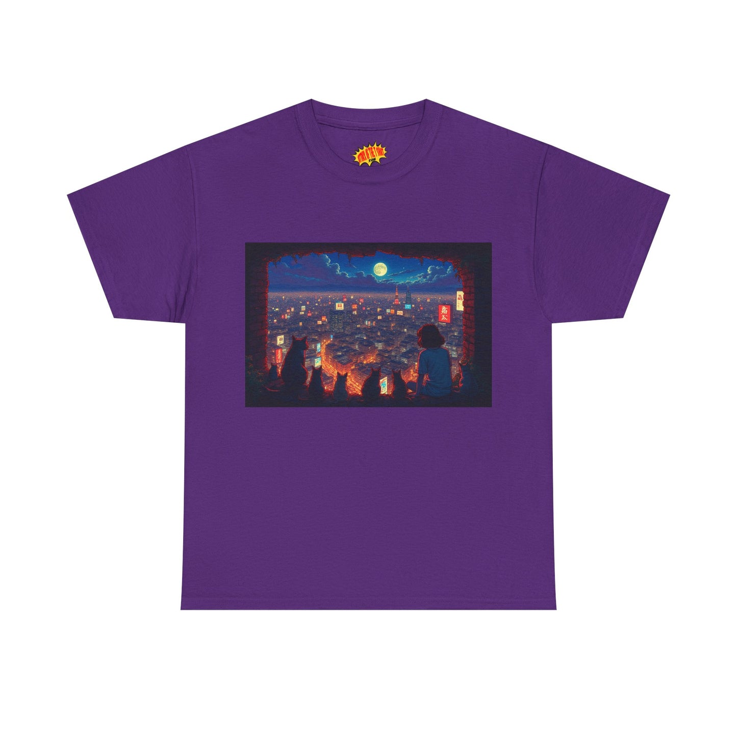 Cityscape Anime Nighttime Scene w/Girl & Cats T-Shirt *Multiple Colors*