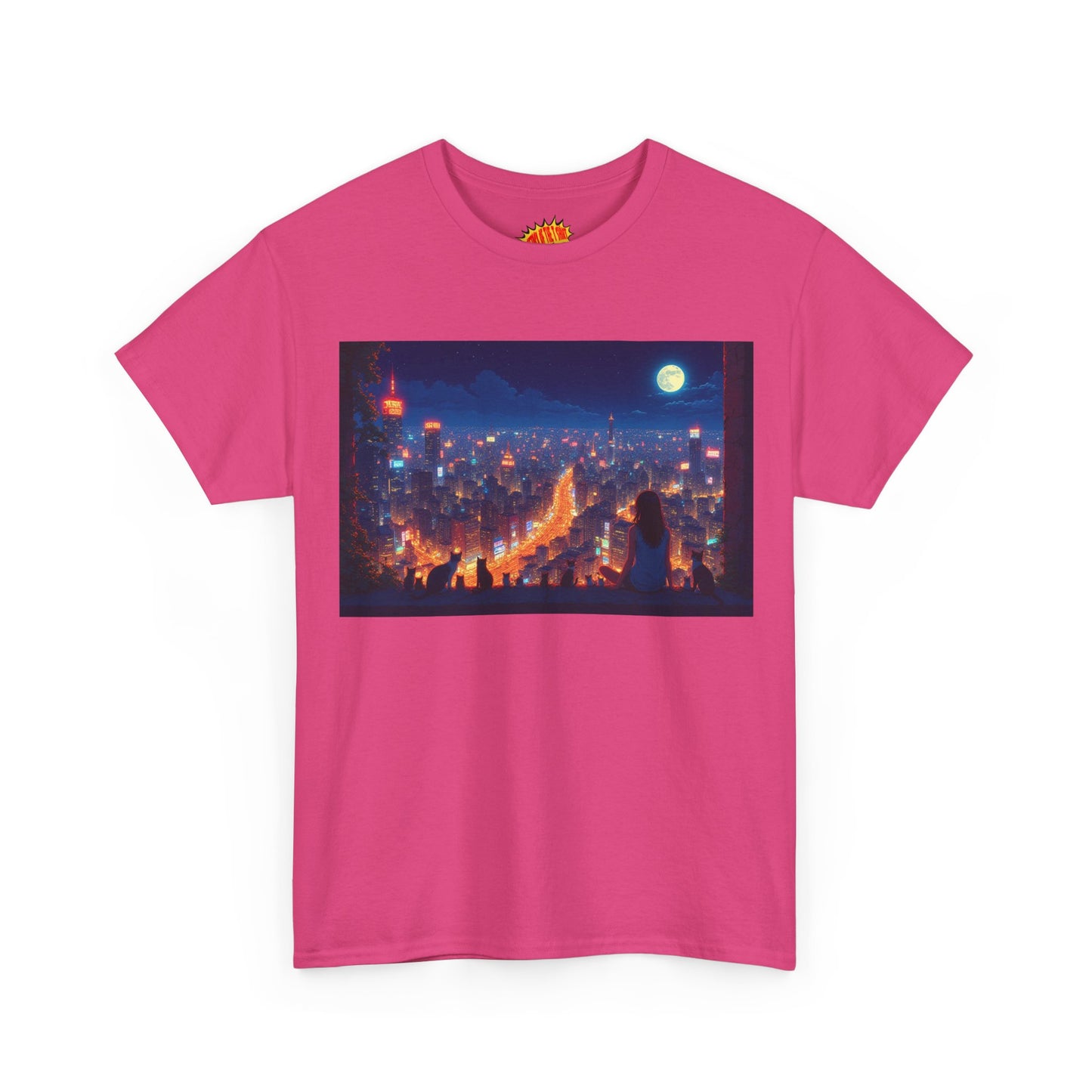 Anime City Night Scene w/Girl & Cats T-Shirt *Multiple Colors*