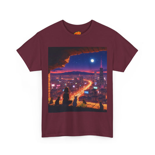 Anime Neon Cityscape Full Moon Scene w/Girl & Cats T-Shirt *Multiple Colors*