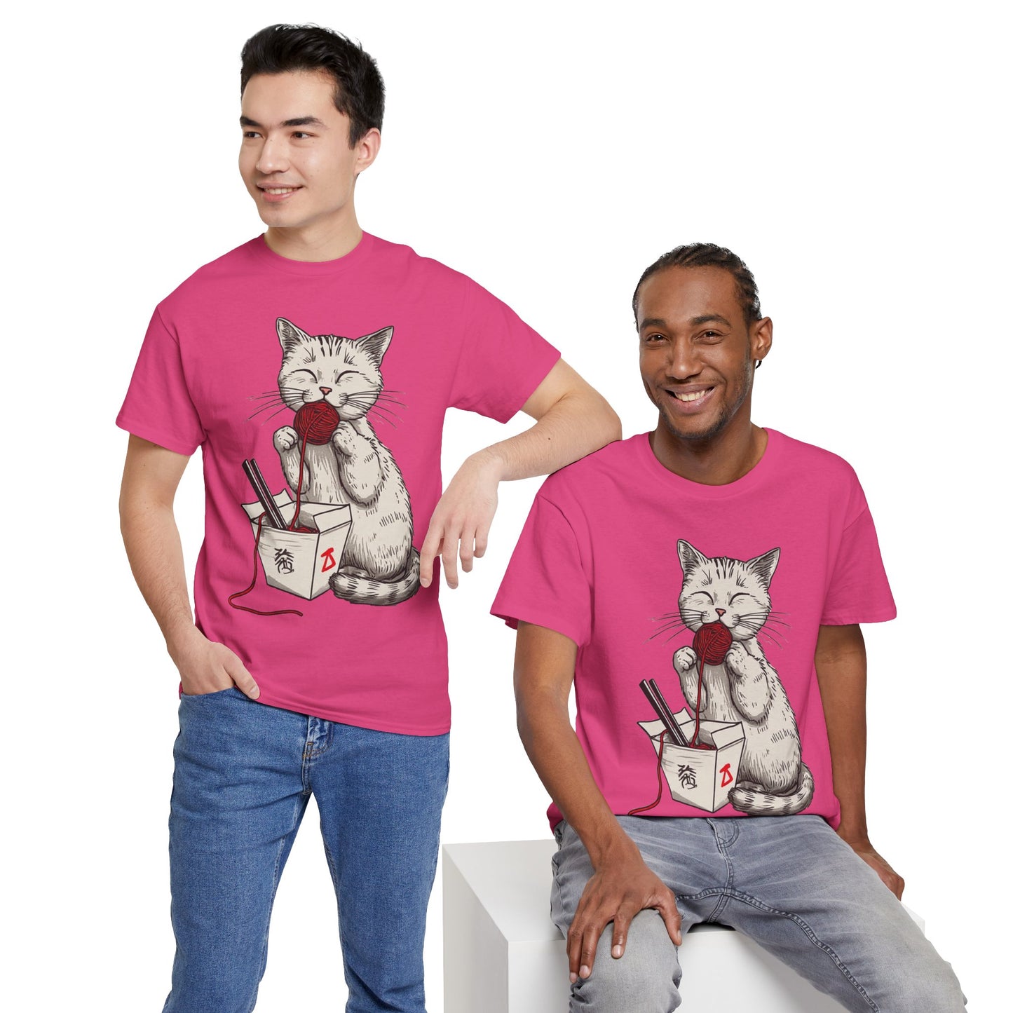 Cat w/Takeout Yarn Noodles Art Tee Shirt *Multiple Colors*