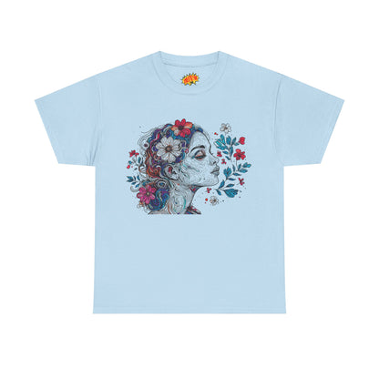 Multicolor Line Drawing Human Graphic Flower Art Tee Shirt
