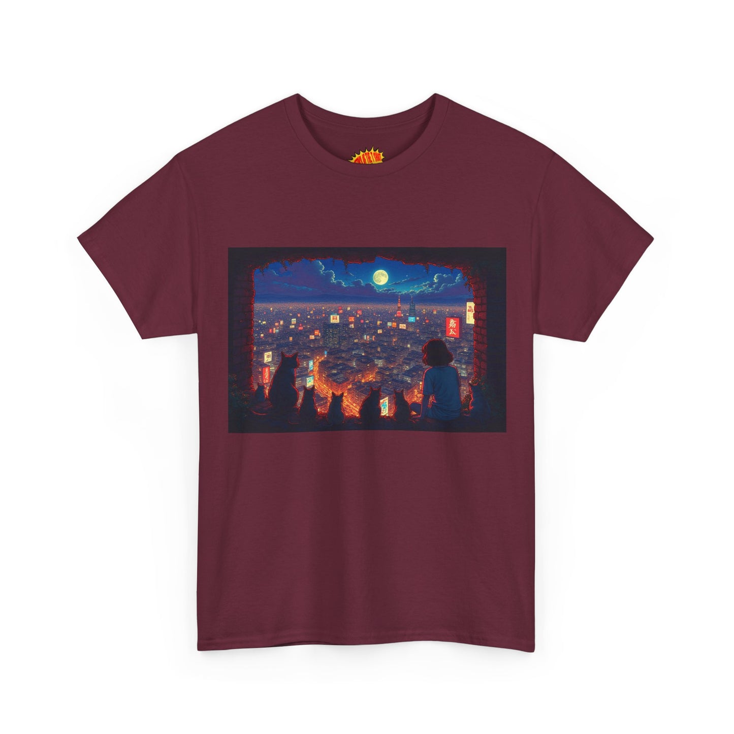 Cityscape Anime Nighttime Scene w/Girl & Cats T-Shirt *Multiple Colors*