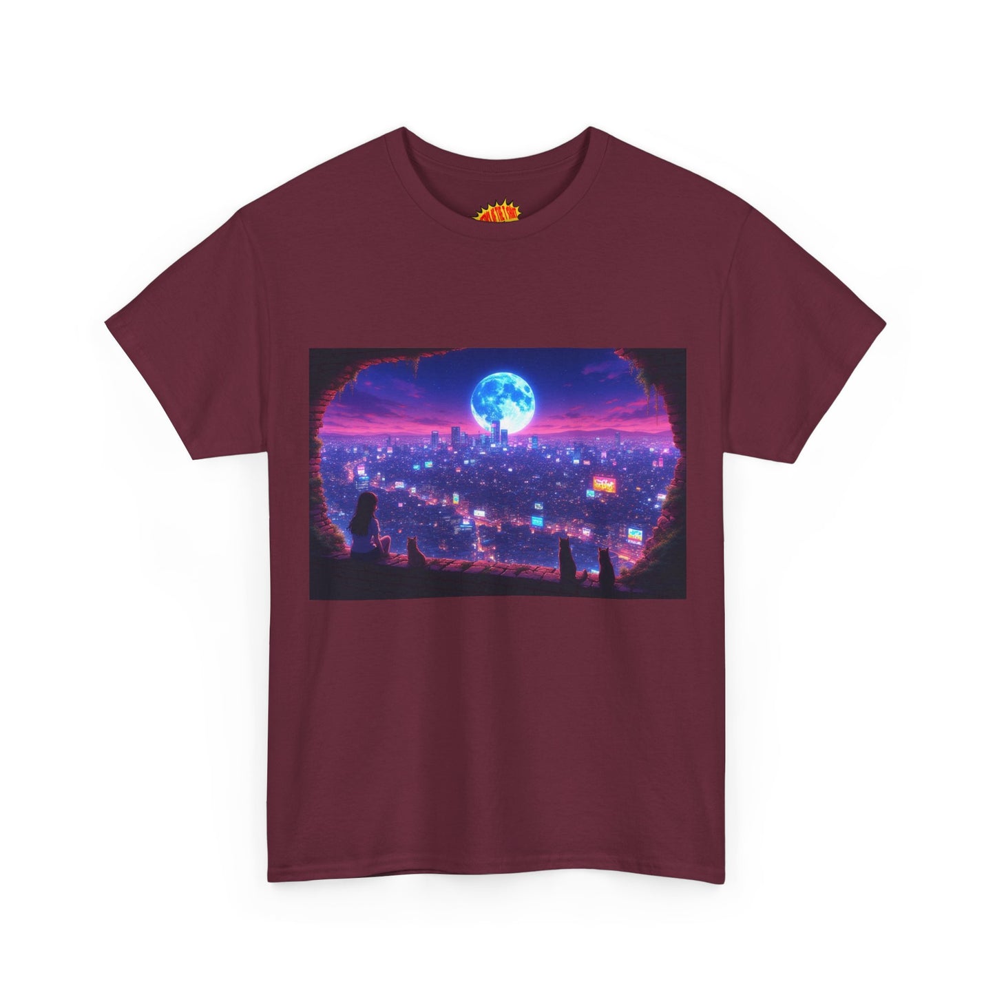 Neon Anime Cityscape Full Moon Scene w/Girl & Cats T-Shirt *Multiple Colors*