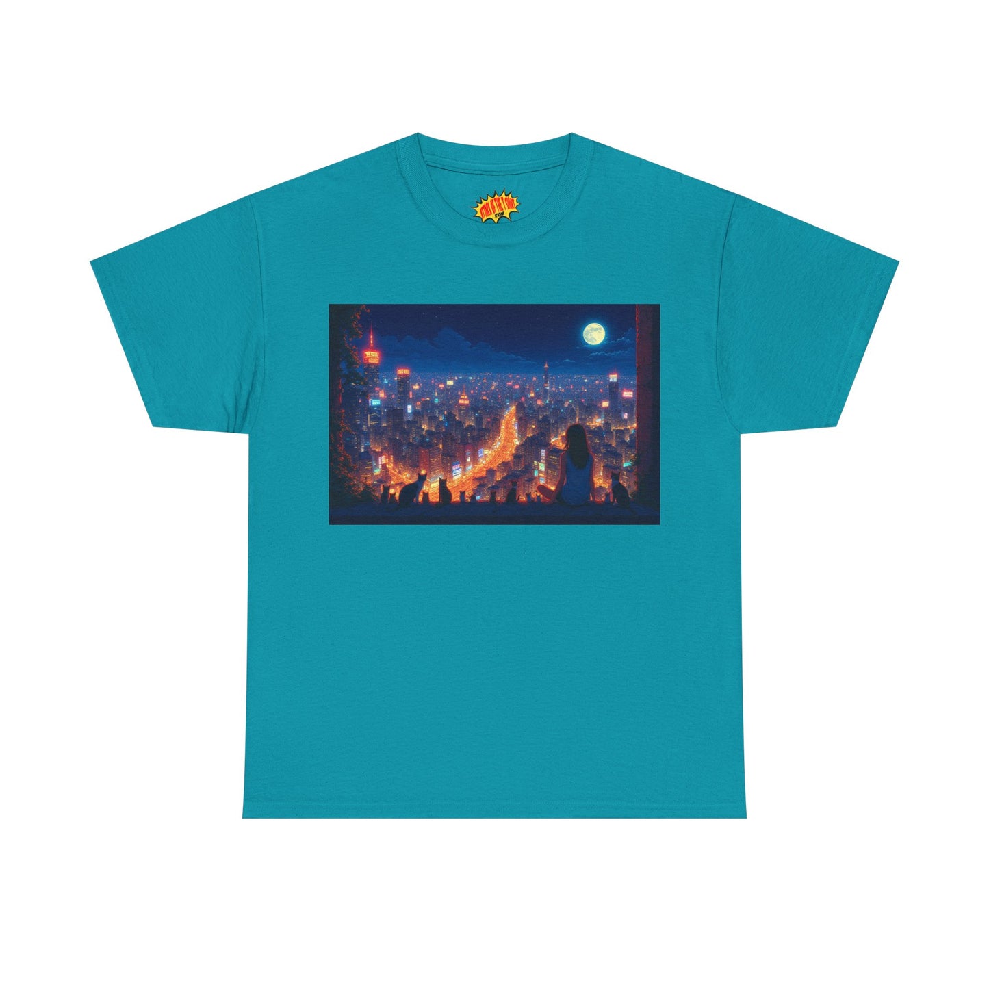 Anime City Night Scene w/Girl & Cats T-Shirt *Multiple Colors*