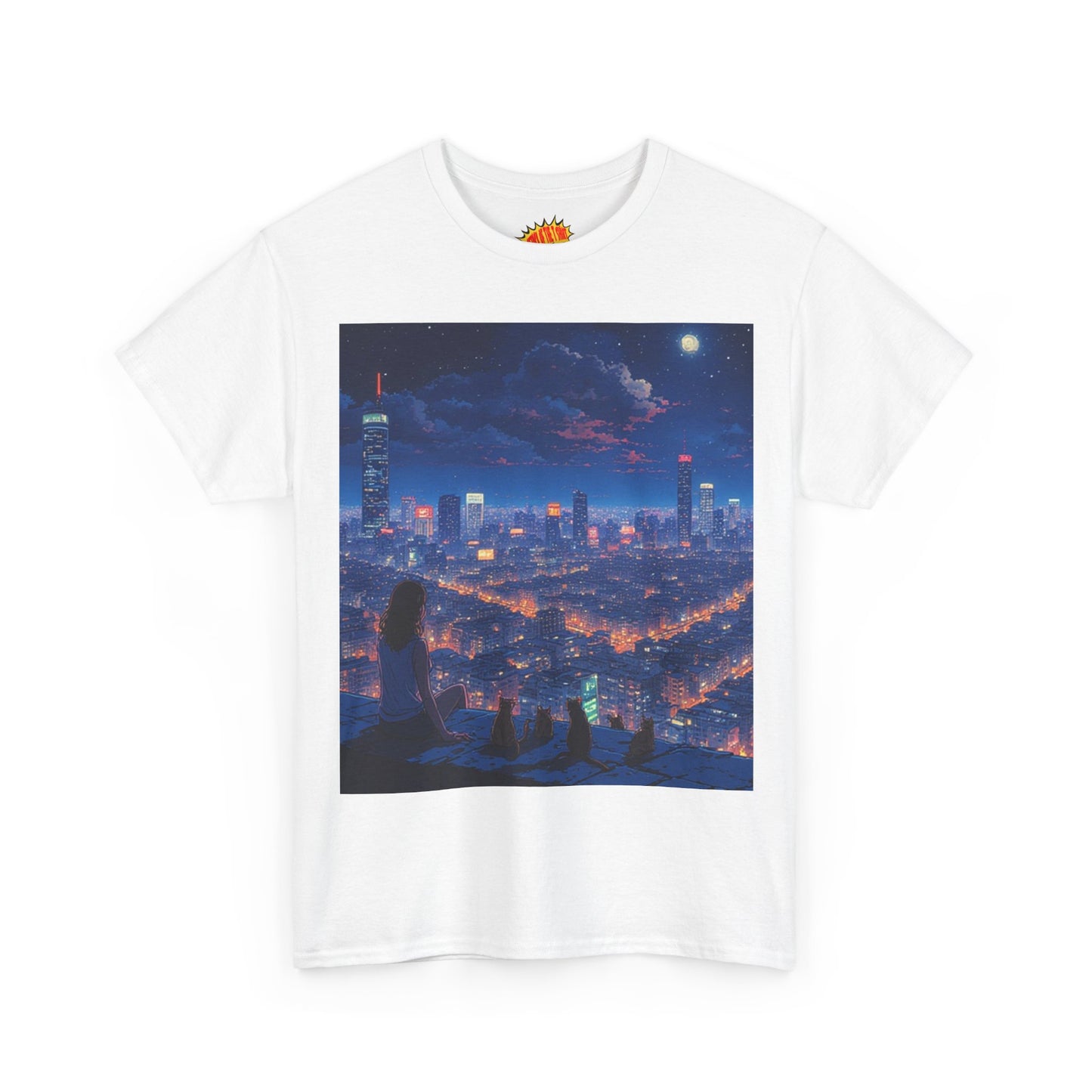 Neon Anime Cityscape Scene w/Girl & Cats T-Shirt *Multiple Colors*