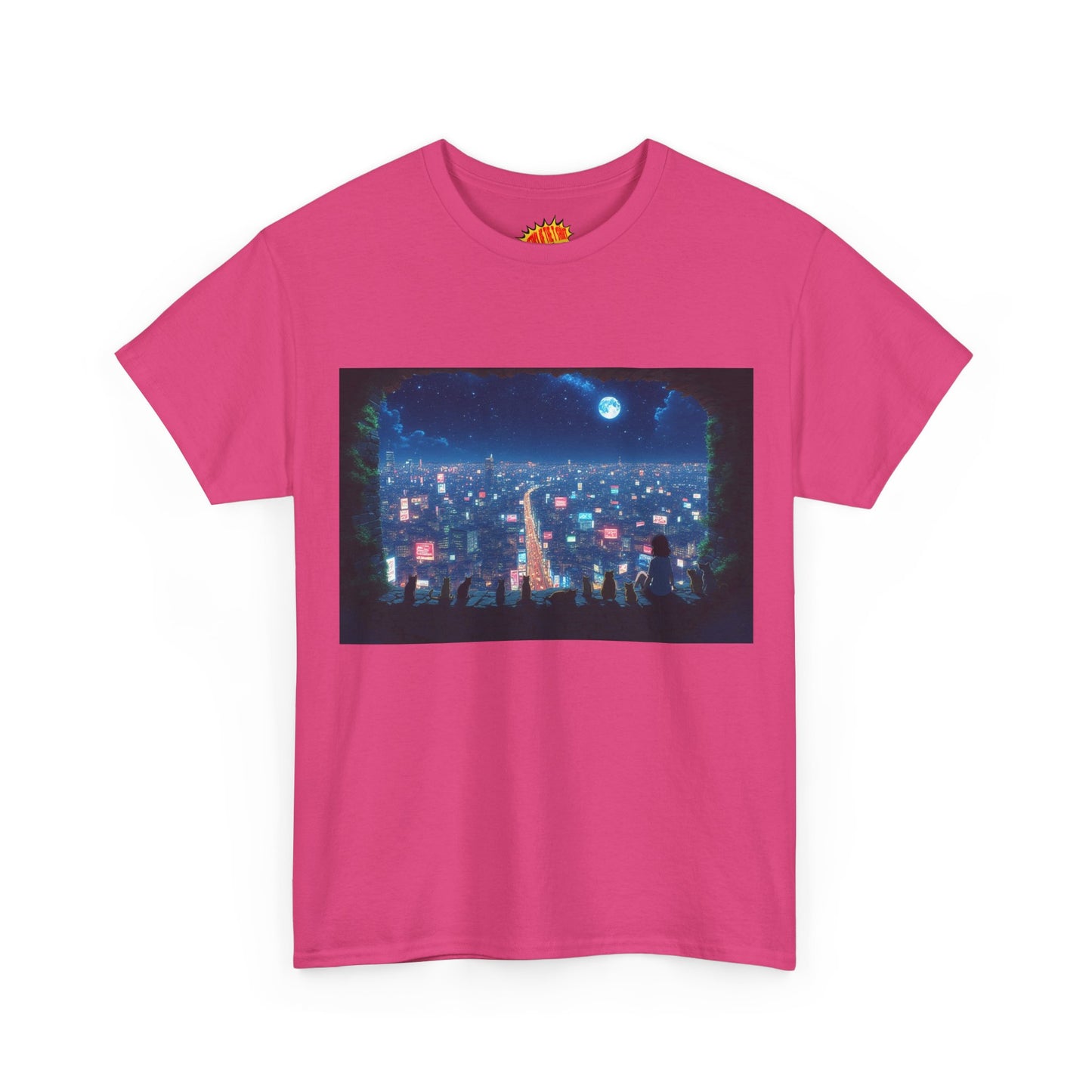 Anime City Neon Night Scene w/Girl & Cats T-Shirt *Multiple Colors*