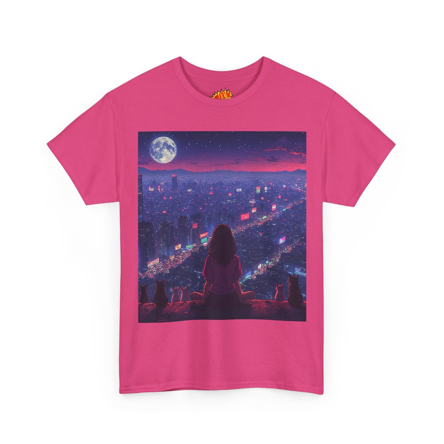 Anime City Neon Night Scene w/Girl & Cats T-Shirt *Multiple Colors*