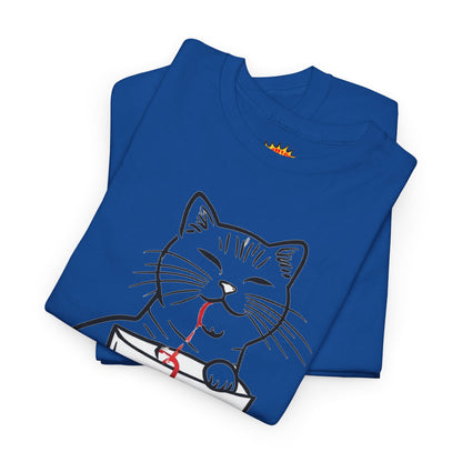 Cat w/Noodle Cup + Yarn Ball Art Drawing Tee Shirt