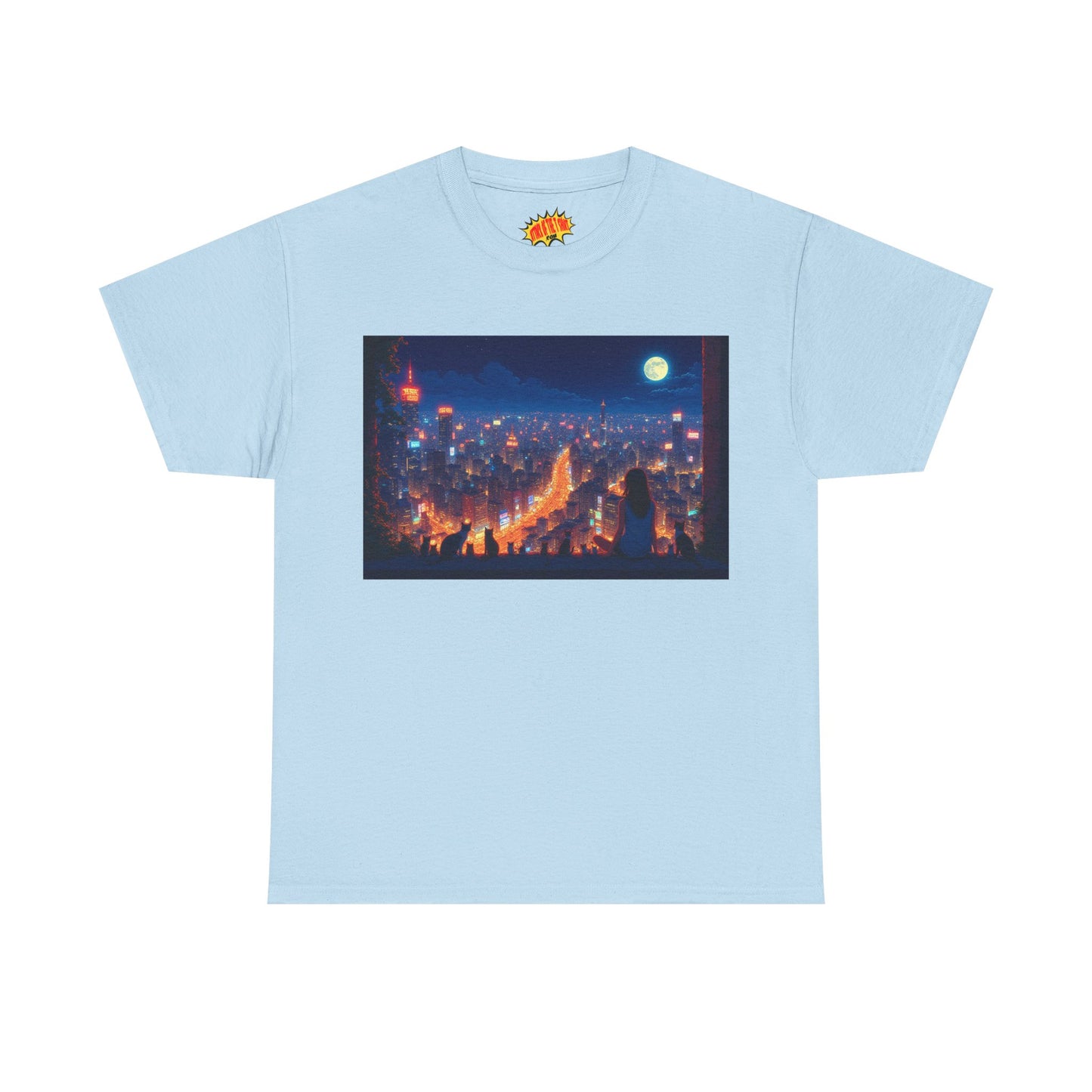 Anime City Night Scene w/Girl & Cats T-Shirt *Multiple Colors*