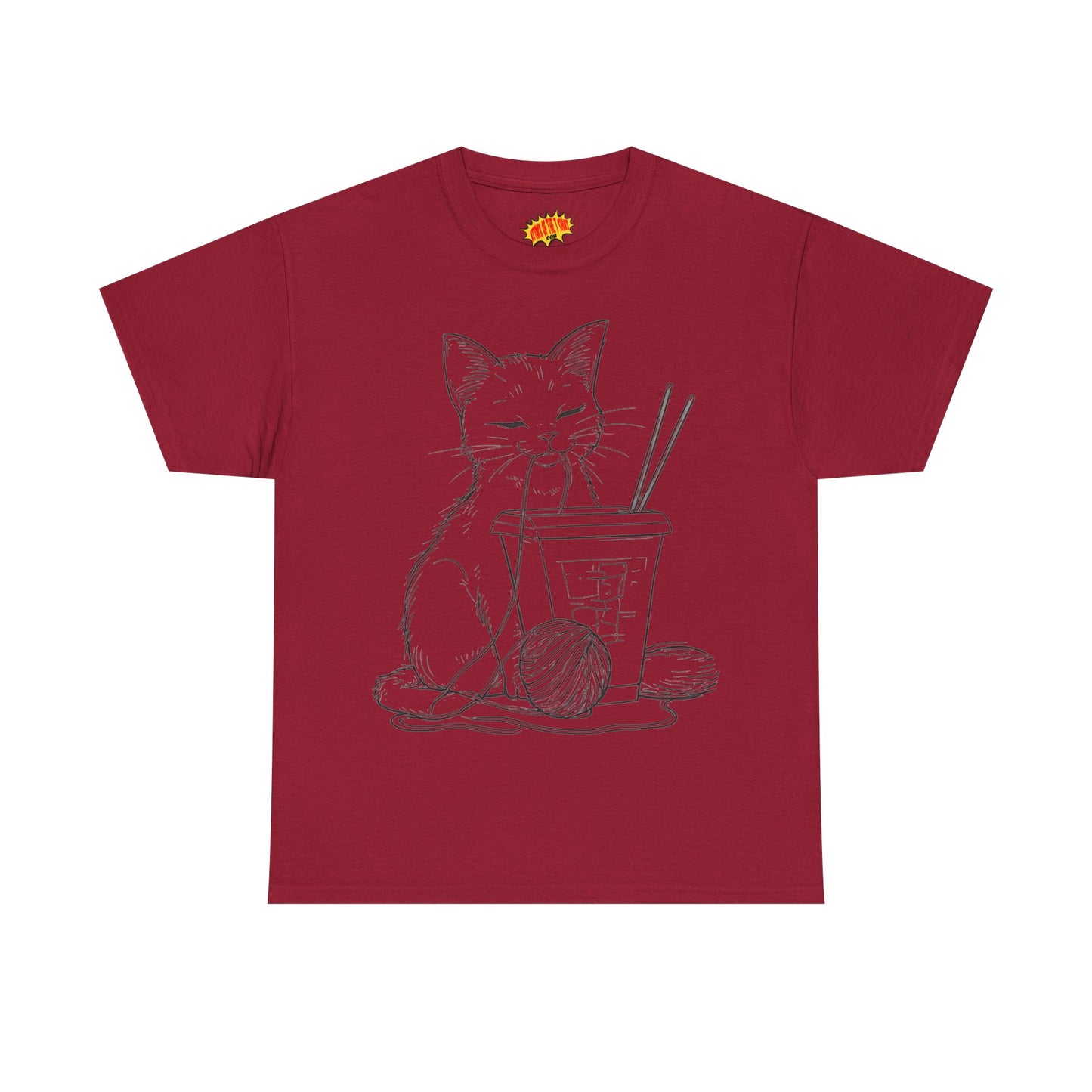 Cat w/Takeout + Yarn Ball Line Drawing Tee Shirt *Multiple Colors*