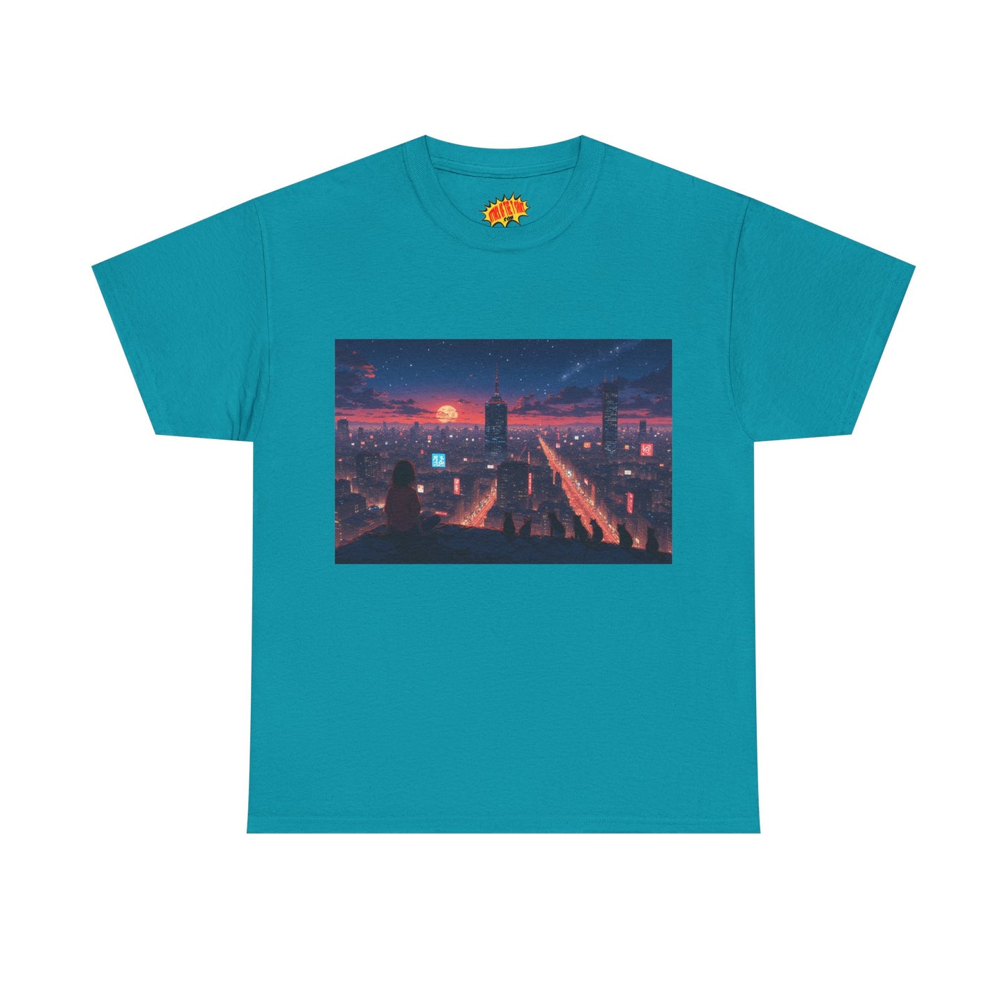 Anime Style City Sunset Scene w/Girl & Cats T-Shirt *Multiple Colors*