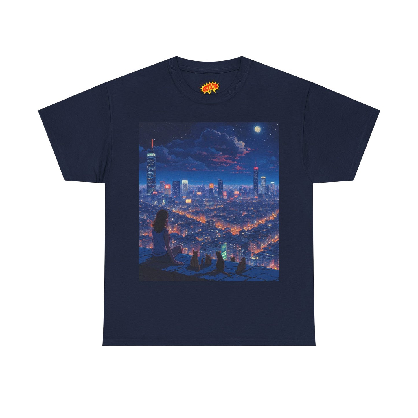 Neon Anime Cityscape Scene w/Girl & Cats T-Shirt *Multiple Colors*