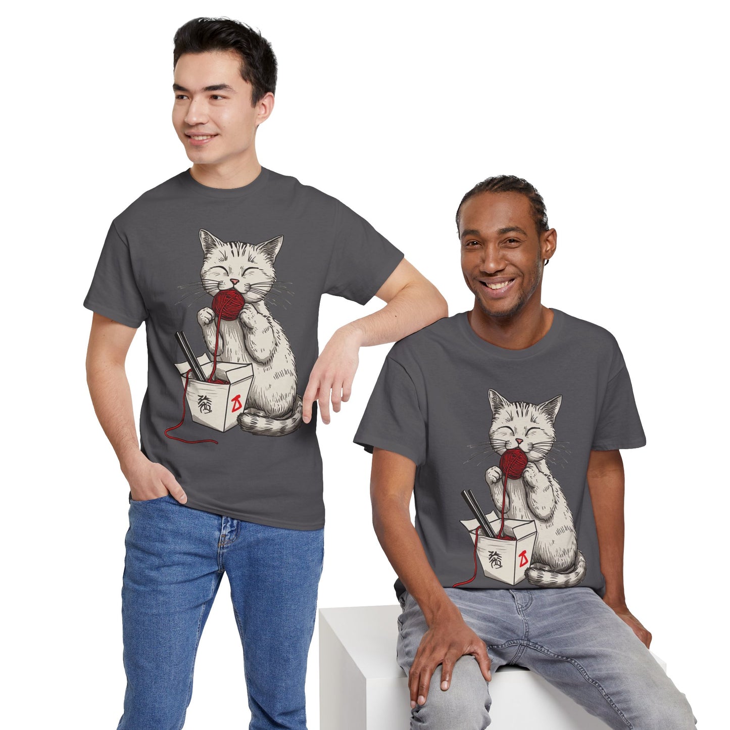 Cat w/Takeout Yarn Noodles Art Tee Shirt *Multiple Colors*