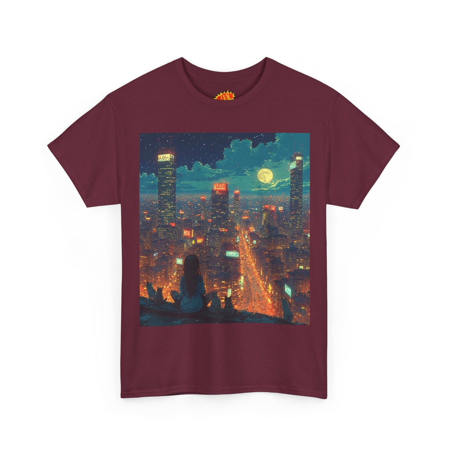 Nighttime Neon Anime Cityscape w/Girl & Cats T-Shirt *Multiple Colors*
