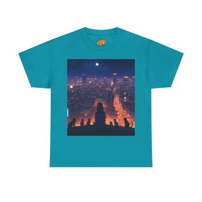 Neon City Anime Nighttime Scene w/Girl & Cats T-Shirt