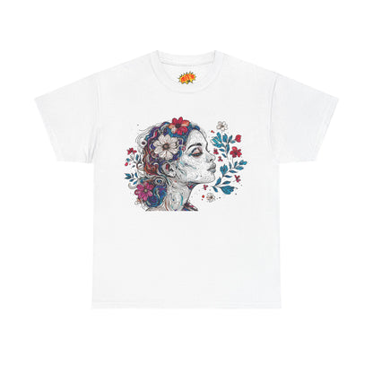 Multicolor Line Drawing Human Graphic Flower Art Tee Shirt