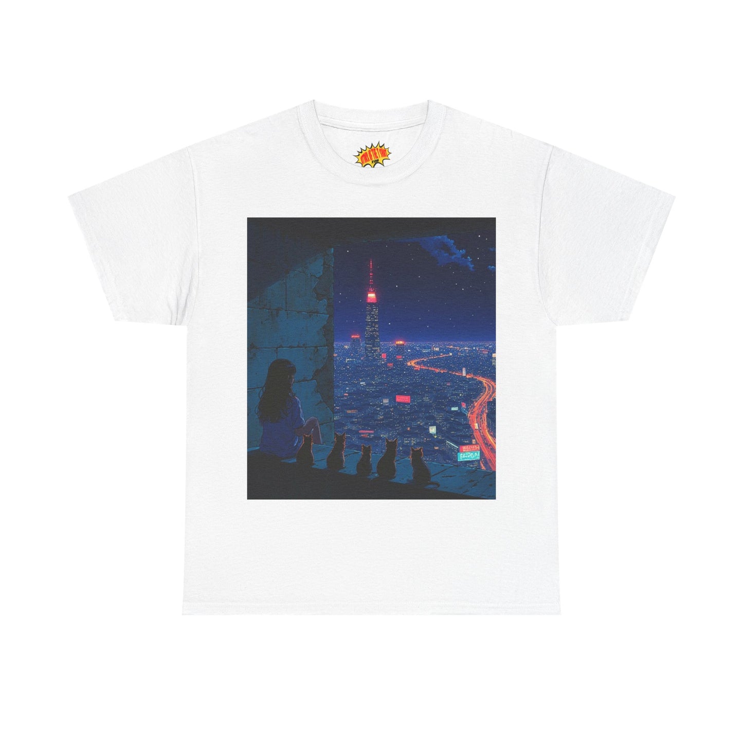 Anime Cityscape Night Scene w/Girl & Cats T-Shirt *Multiple Colors*