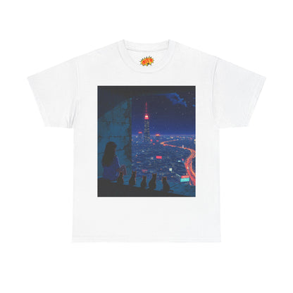 Anime Cityscape Night Scene w/Girl & Cats T-Shirt