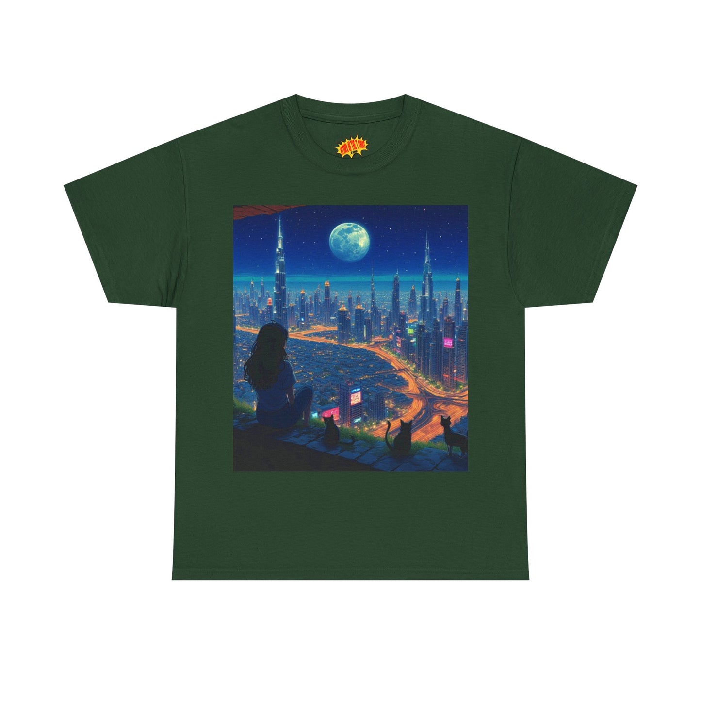 Anime City Full Moon Scene w/Girl & Cats T-Shirt *Multiple Colors*