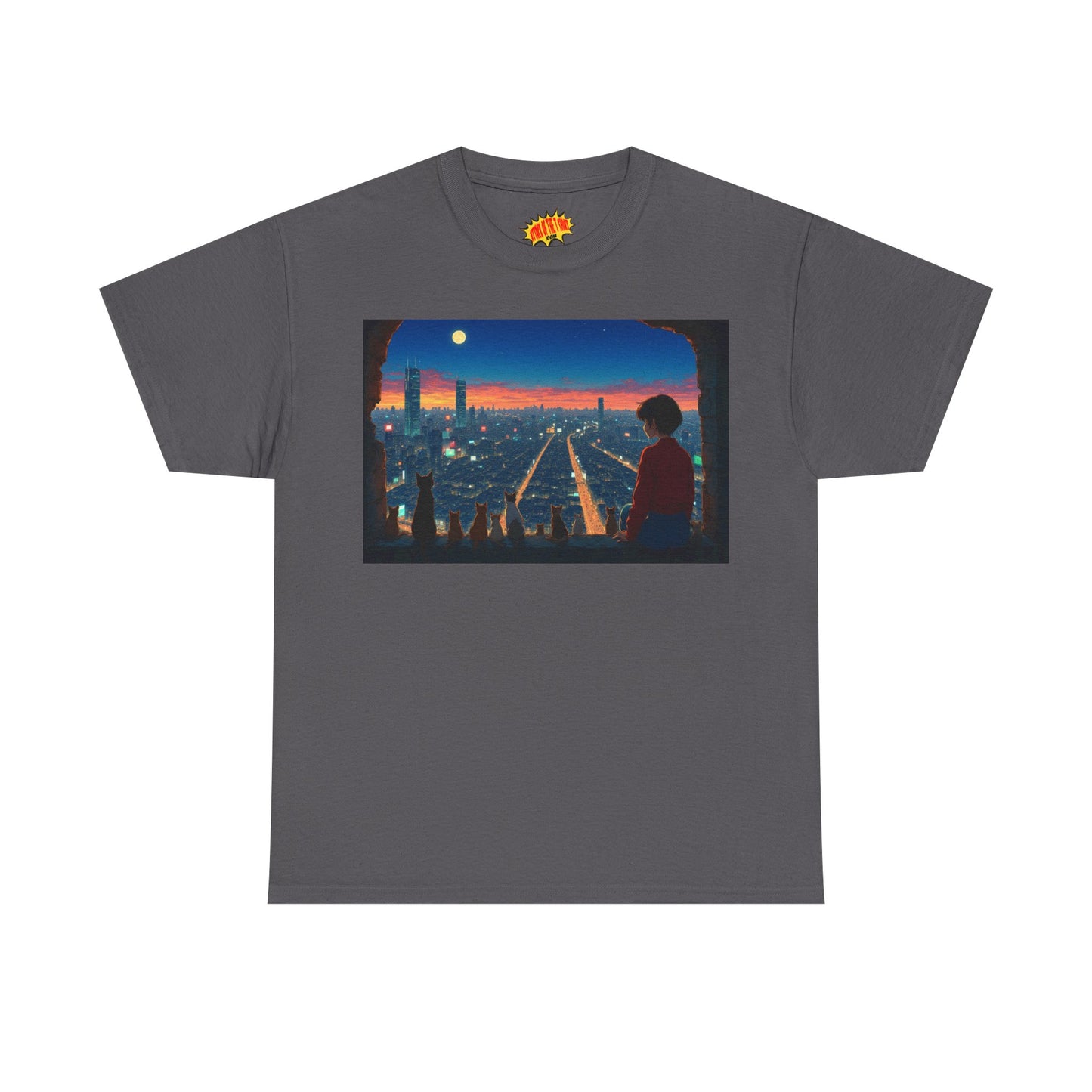 Neon Cityscape Anime Scene w/Girl & Cats T-Shirt *Multiple Colors*