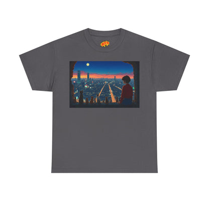Neon Cityscape Anime Scene w/Girl & Cats T-Shirt