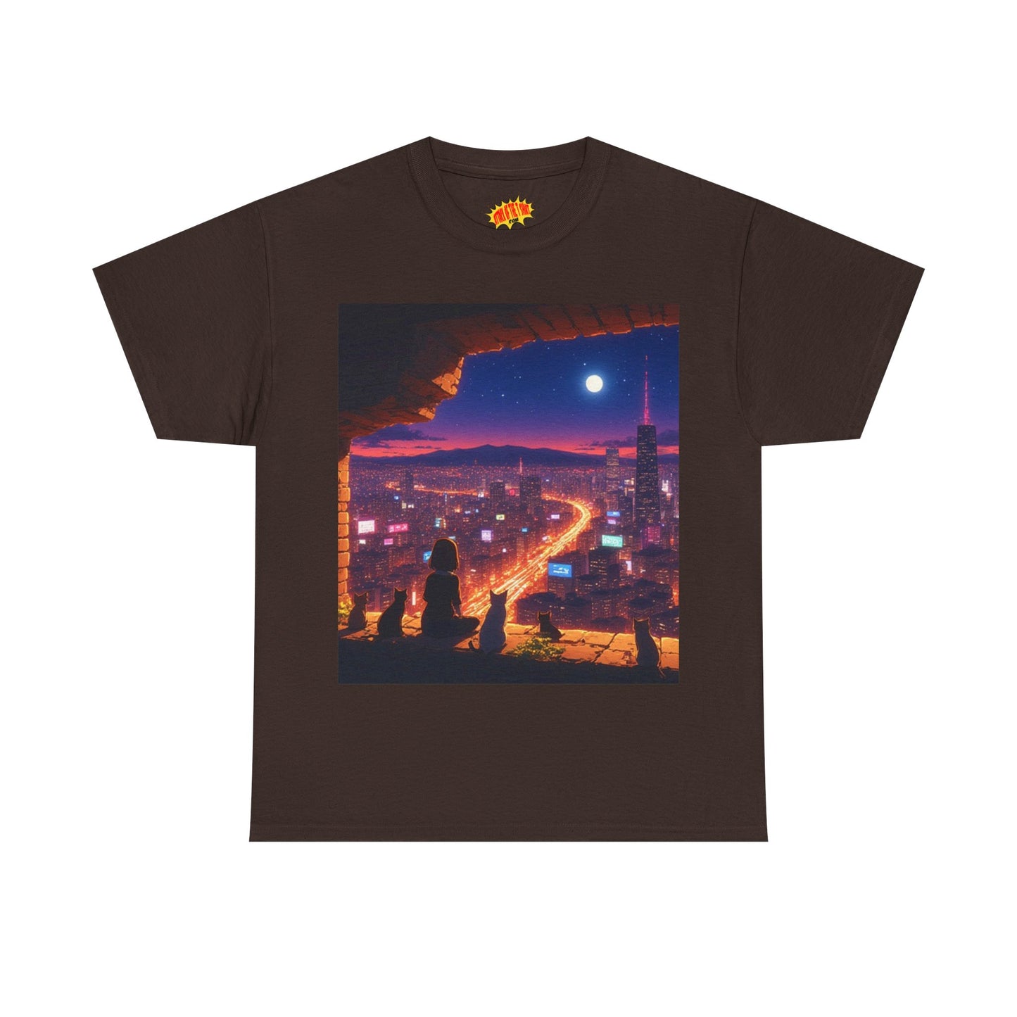 Anime Neon Cityscape Full Moon Scene w/Girl & Cats T-Shirt *Multiple Colors*
